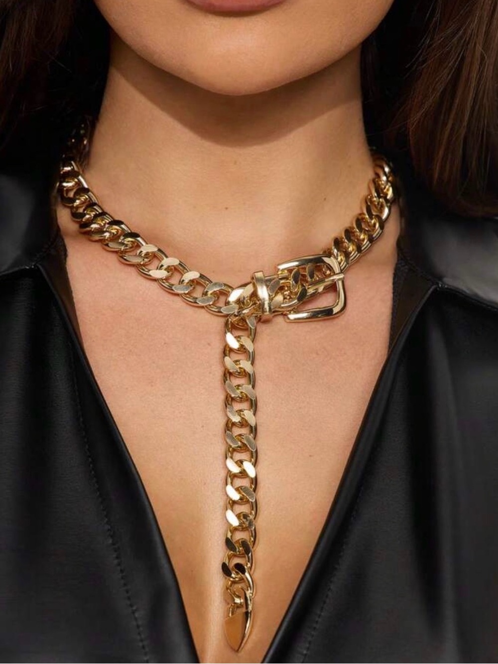 Gold Chain Lariat Necklace with Buckle Accent